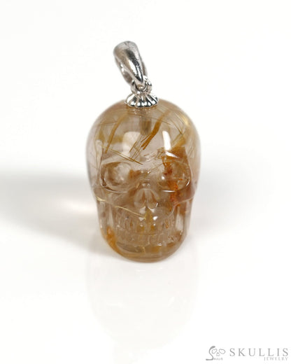 Gem Skull Pendant Necklace of Rutilated Quartz Rock Crystal Carved Skull with Sterling Silver Bail - ZR19900052 Skull