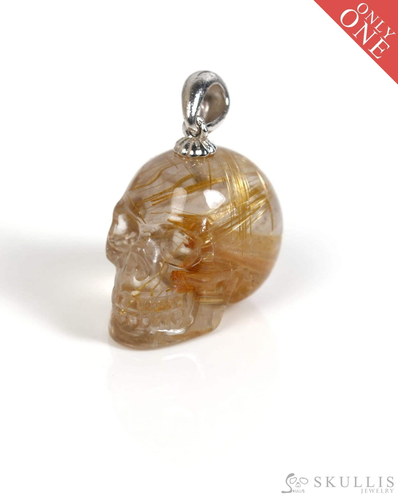 Gem Skull Pendant Necklace of Rutilated Quartz Rock Crystal Carved Skull with Sterling Silver Bail - ZR19900052 Skull