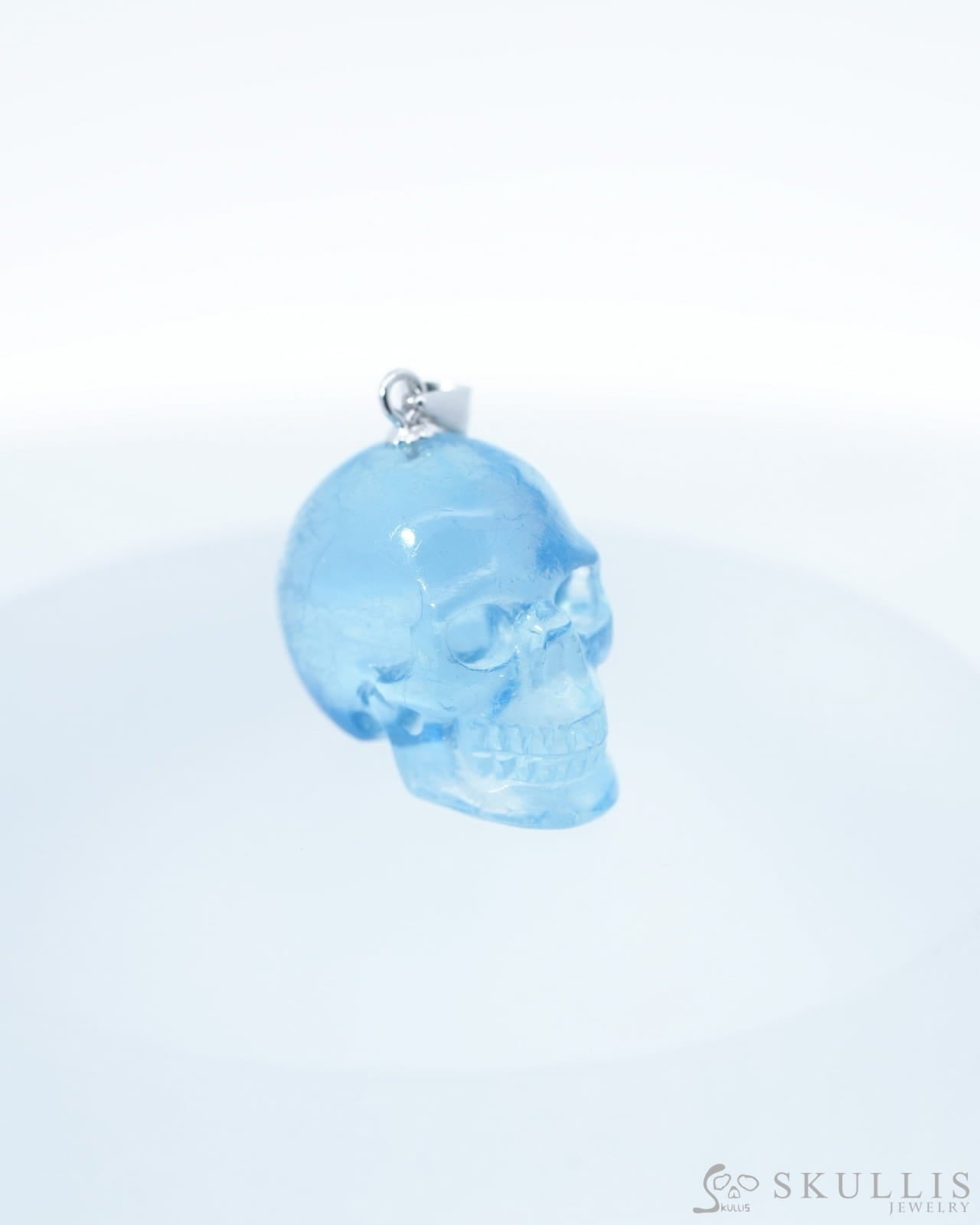 Gem Skull Pendant Necklace of Sky Blue Topaz Carved Skull with Sterling Silver Bail - 0500043 Skull Pendants