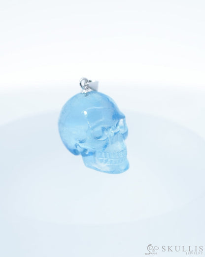 Gem Skull Pendant Necklace of Sky Blue Topaz Carved Skull with Sterling Silver Bail - 0500043 Skull Pendants