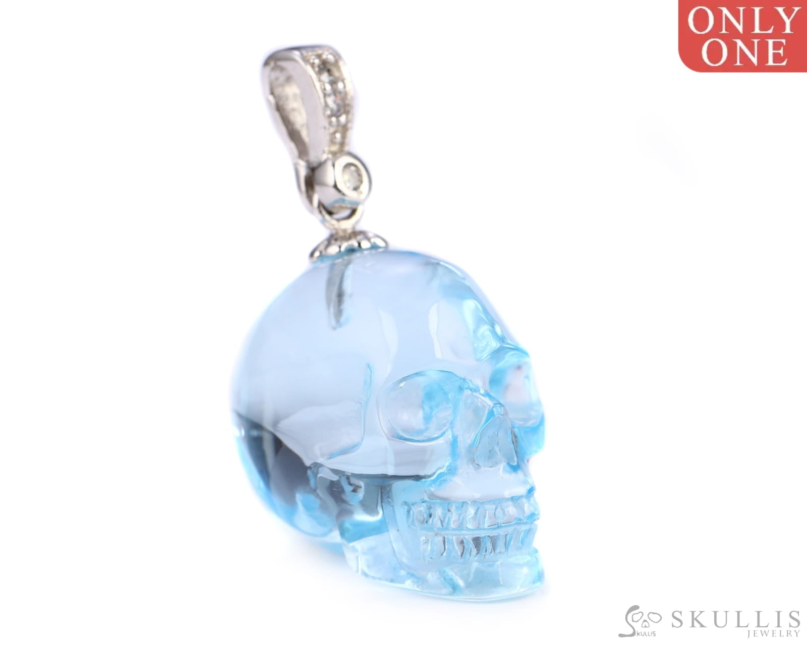 Gem Skull Pendant Necklace Of Sky Blue Topaz Carved Skull With Bail In Sterling Silver