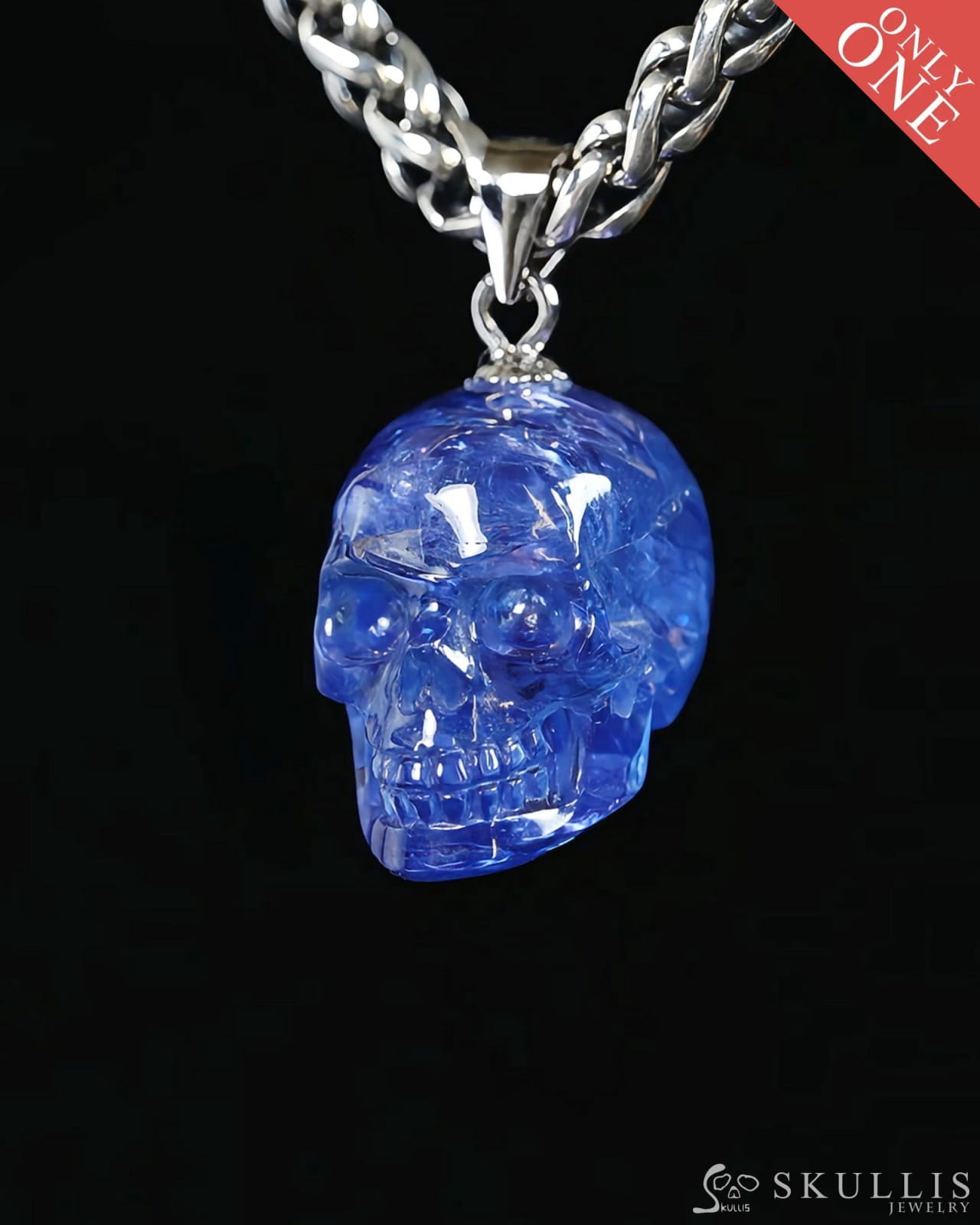 Skullis Signature Tanzanite Gem Skull Pendant or Necklace Hand Carved Sterling Silver 925 Chain for Women & Men