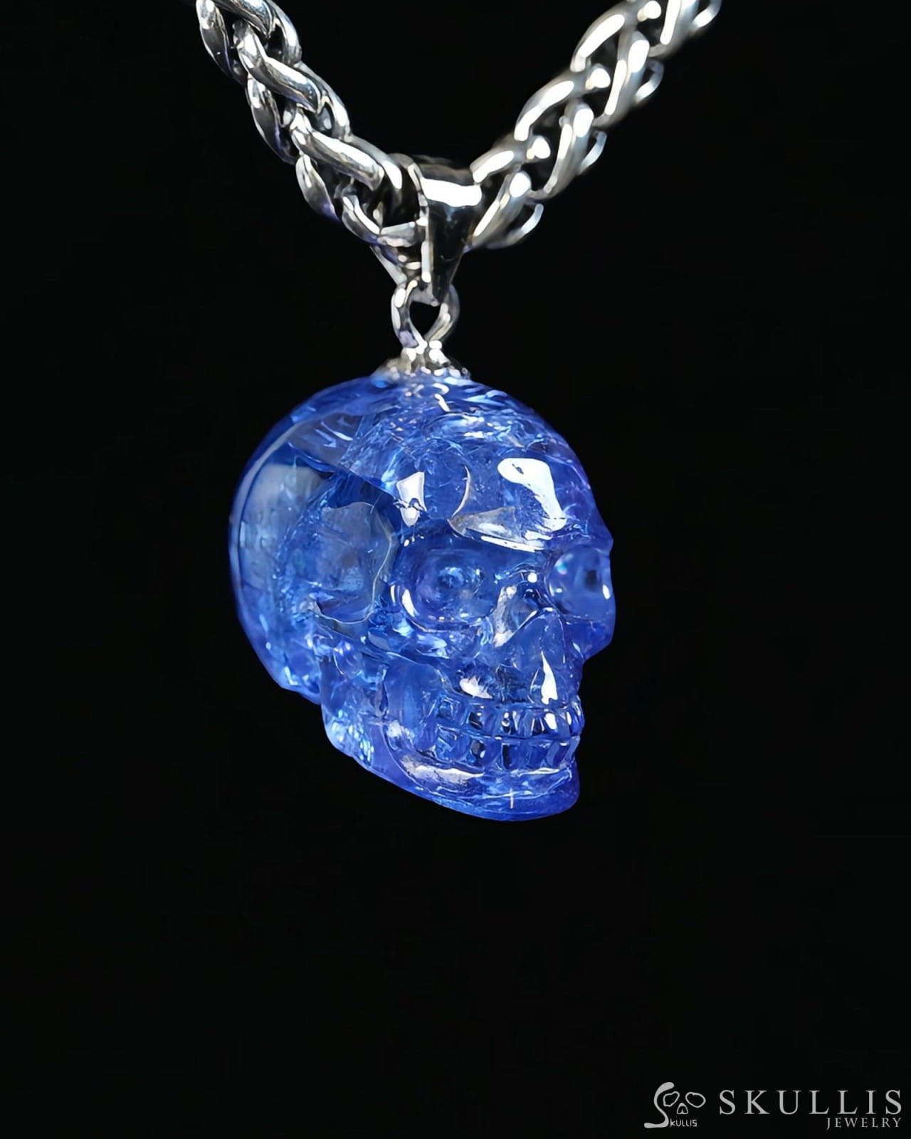 Skullis Signature Tanzanite Gem Skull Pendant or Necklace Hand Carved Sterling Silver 925 Chain for Women & Men