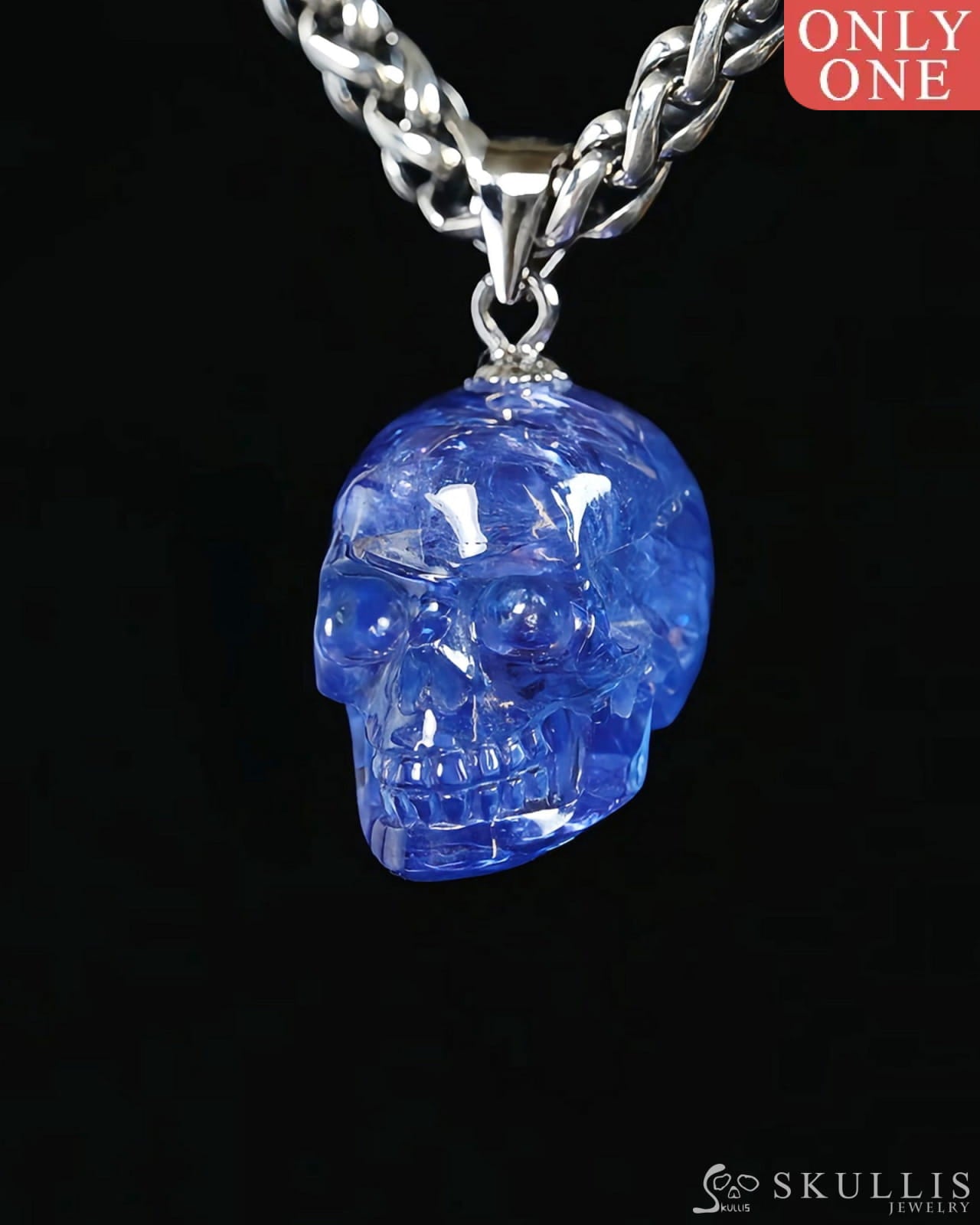 Skullis Signature Tanzanite Gem Skull Pendant or Necklace Hand Carved Sterling Silver 925 Chain for Women & Men