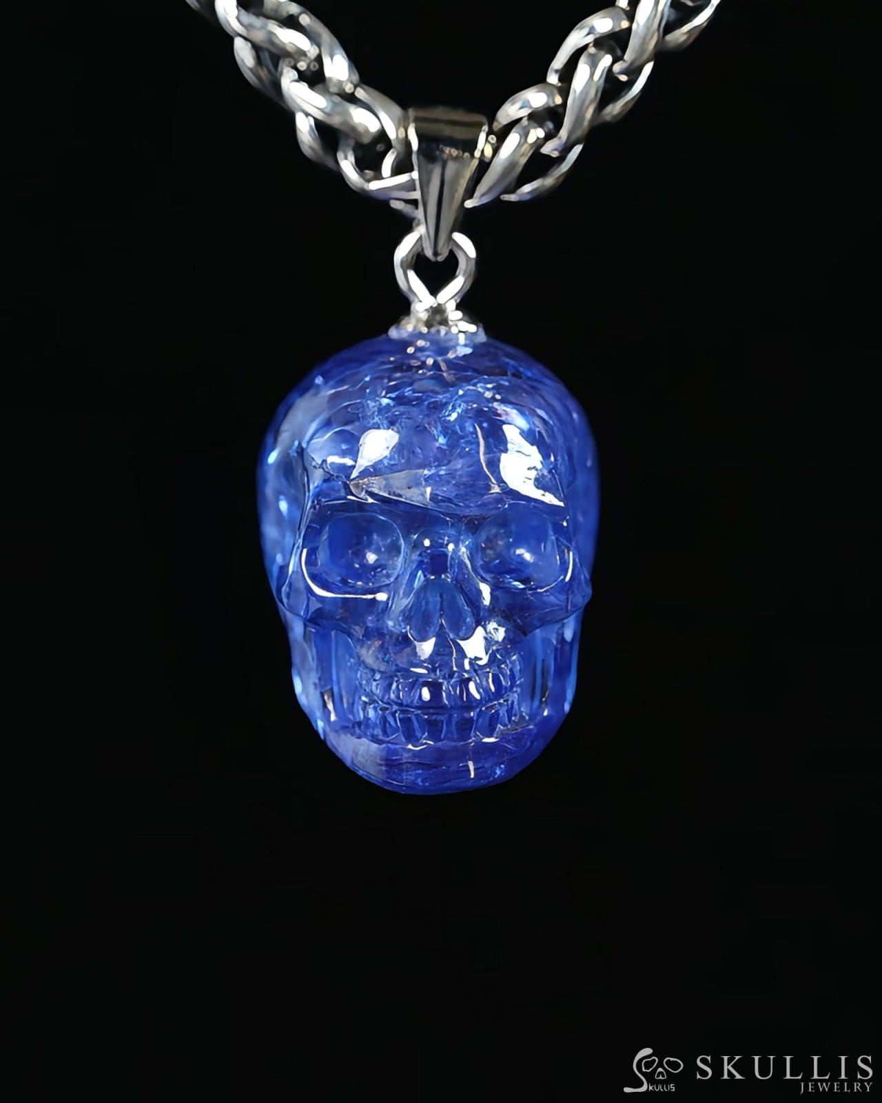 Skullis Signature Tanzanite Gem Skull Pendant or Necklace Hand Carved Sterling Silver 925 Chain for Women & Men