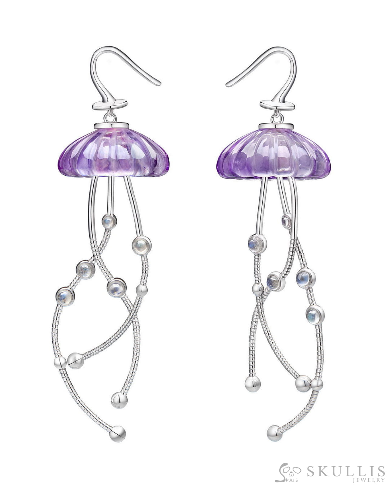 Moonlit Jelly Dancers-Gem Earrings of Amethyst Carved Jellyfish with Moonstone 925 Sterling Silver Skull Earrings