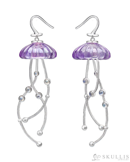 Moonlit Jelly Dancers-Gem Earrings of Amethyst Carved Jellyfish with Moonstone 925 Sterling Silver Skull Earrings