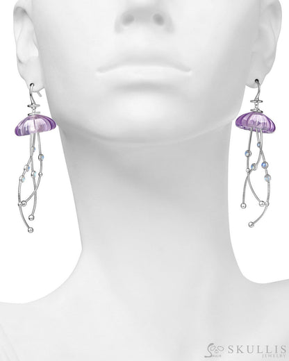 Moonlit Jelly Dancers-Gem Earrings of Amethyst Carved Jellyfish with Moonstone 925 Sterling Silver Skull Earrings