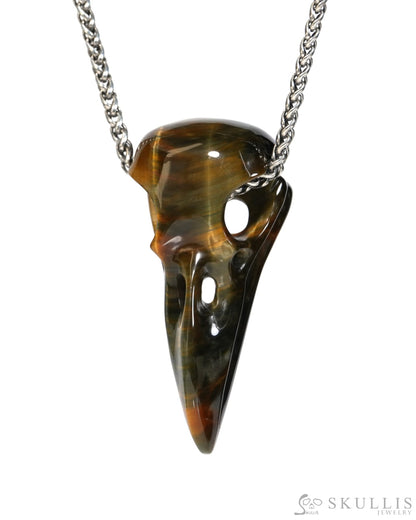 Flash Gem Raven Skull Pendant Necklace of Blue & Gold Tiger’s Eye Crystal Raven Pendant - ZR19900158 Skull Pendants