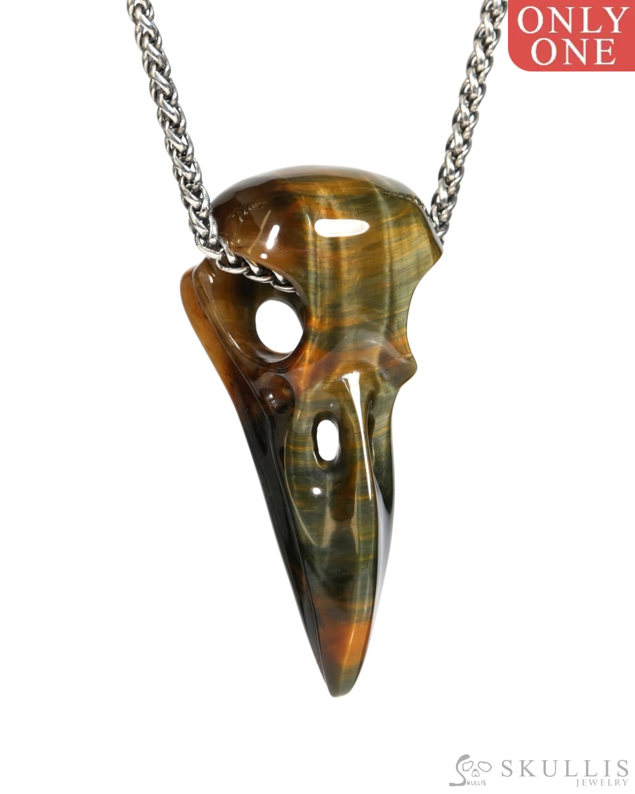 Flash Gem Raven Skull Pendant Necklace of Blue & Gold Tiger’s Eye Crystal Raven Pendant - ZR19900158 Skull Pendants