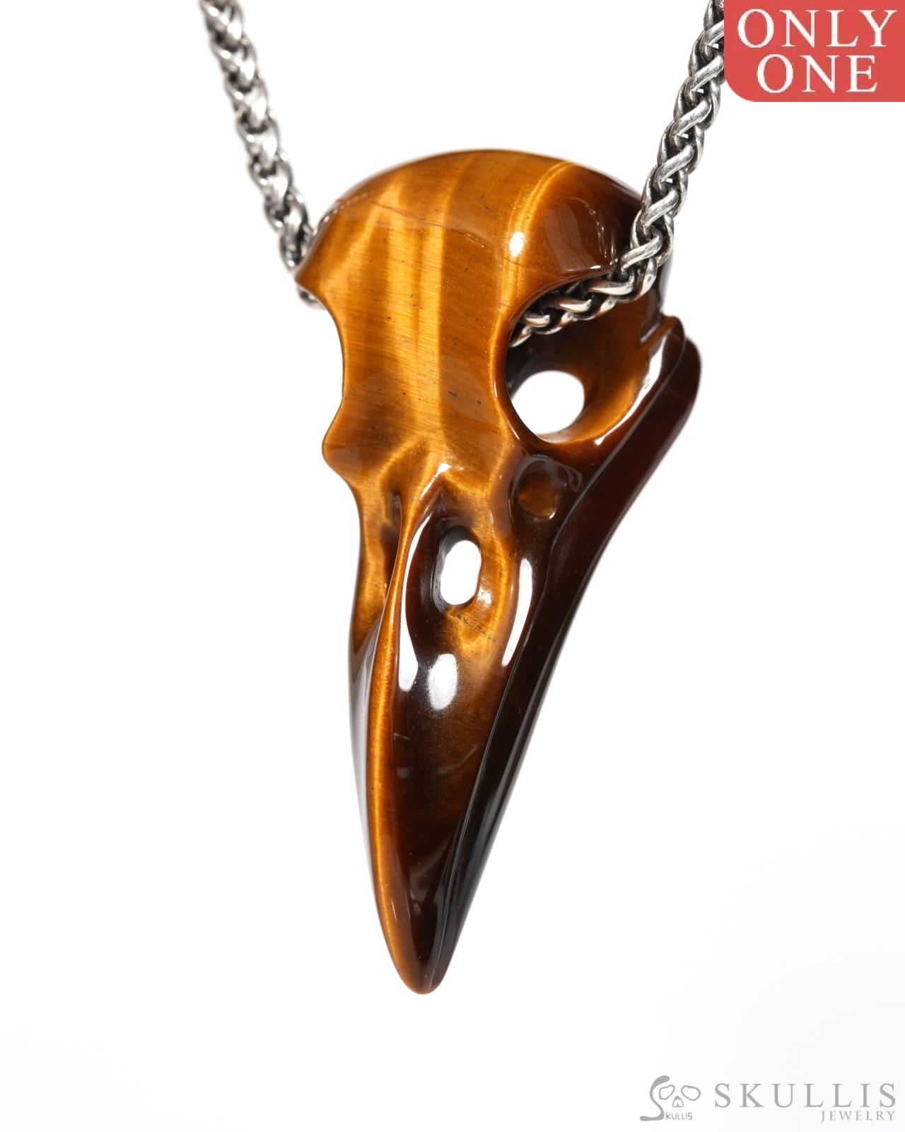 Flash Gem Raven Skull Pendant Necklace of Gold Tiger’s Eye Crystal Raven Pendant - ZR19900171 Skull Pendants