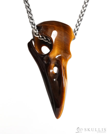 Flash Gem Raven Skull Pendant Necklace of Gold Tiger’s Eye Crystal Raven Pendant - ZR19900171 Skull Pendants