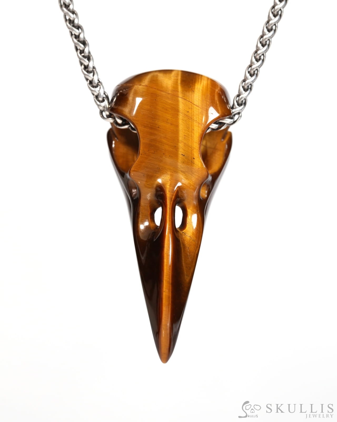 Flash Gem Raven Skull Pendant Necklace of Gold Tiger’s Eye Crystal Raven Pendant - ZR19900171 Skull Pendants