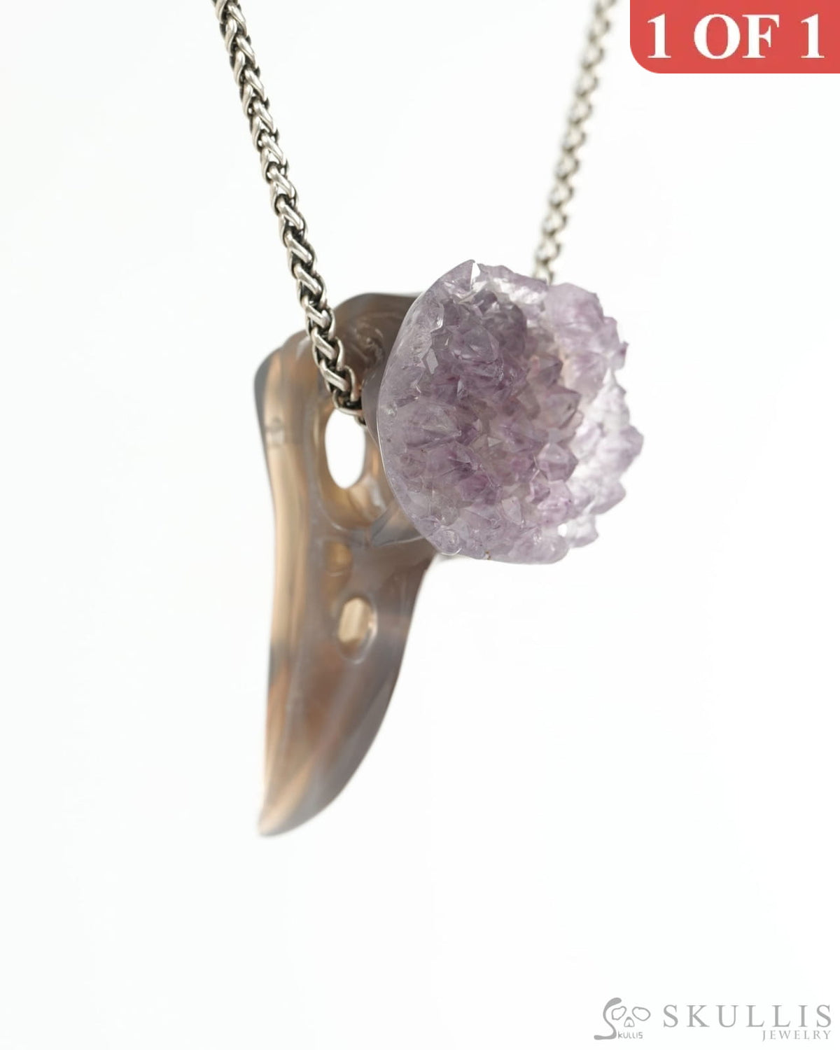 Night Pathfinder - Gem Raven Skull Pendant Necklace of Agate Amethyst Druse Carved Raven Skull - 9900440 - Skull