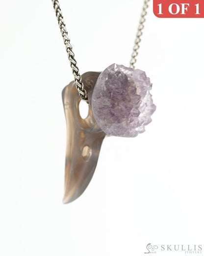 Night Pathfinder - Gem Raven Skull Pendant Necklace of Agate Amethyst Druse Carved Raven Skull - 9900440 - Skull