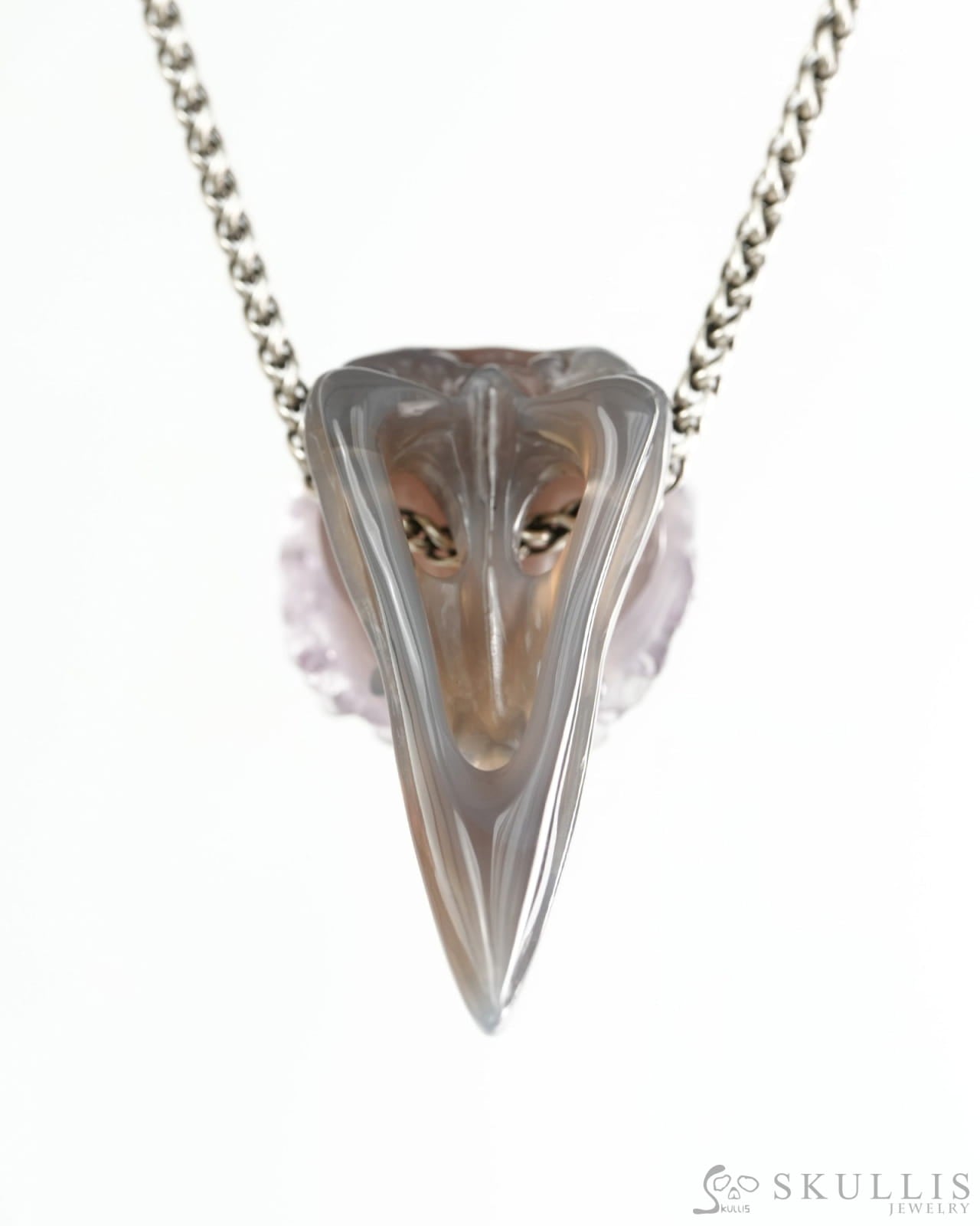 Night Pathfinder - Gem Raven Skull Pendant Necklace of Agate Amethyst Druse Carved Raven Skull - 9900440 - Skull