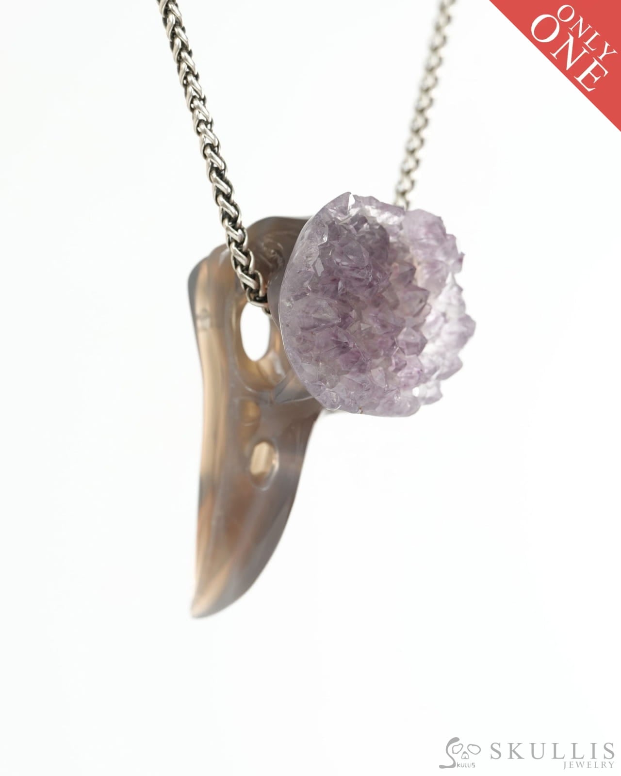 Night Pathfinder - Gem Raven Skull Pendant Necklace of Agate Amethyst Druse Carved Raven Skull - 9900440 - Skull