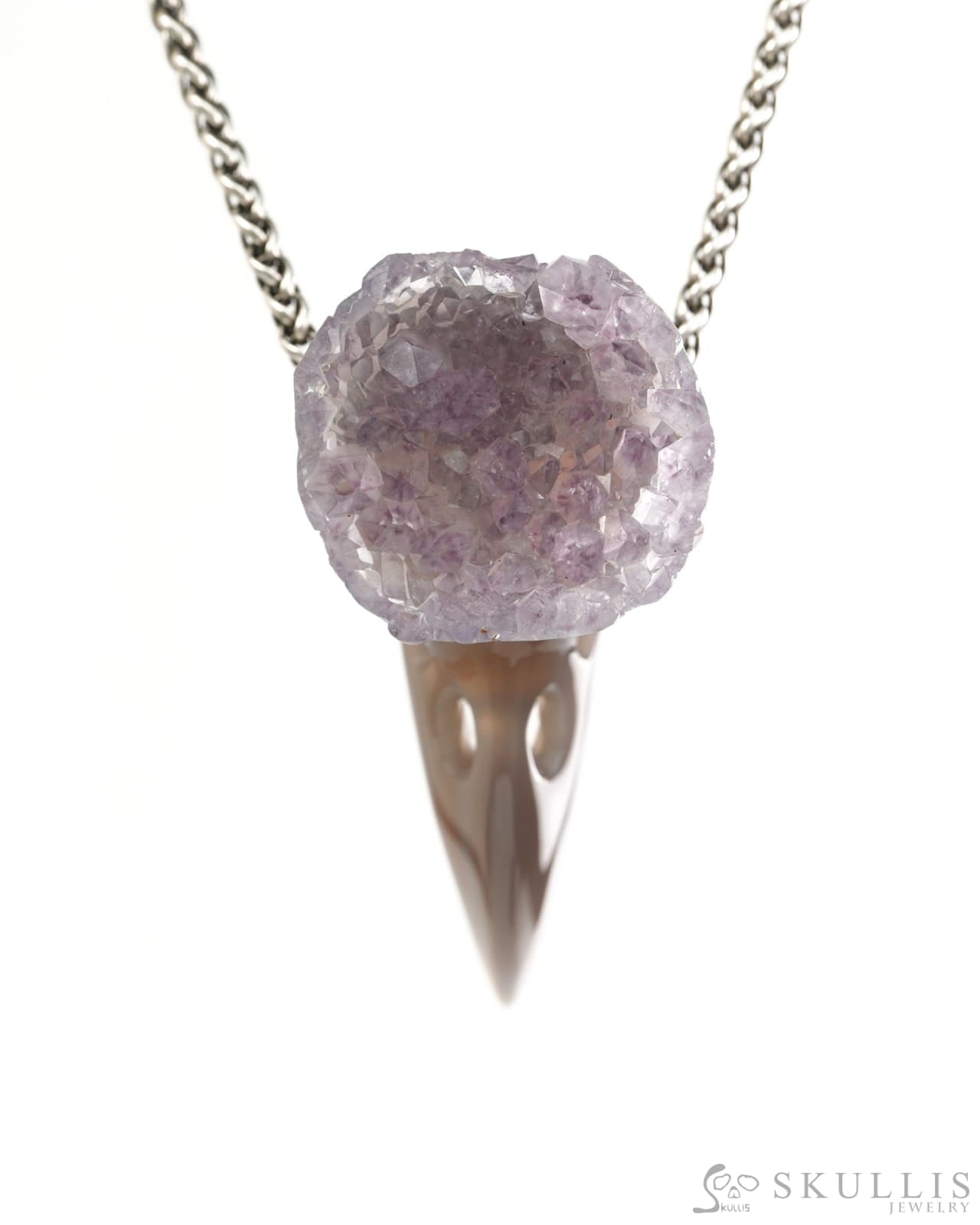 Night Pathfinder - Gem Raven Skull Pendant Necklace of Agate Amethyst Druse Carved Raven Skull - 9900440 - Skull