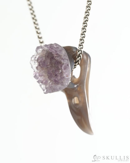 Night Pathfinder - Gem Raven Skull Pendant Necklace of Agate Amethyst Druse Carved Raven Skull - 9900440 - Skull