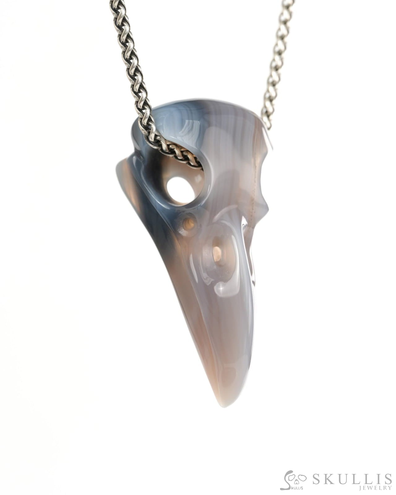 Night Pathfinder - Gem Raven Skull Pendant Necklace of Agate Carved Raven Skull - 9900443 - Skull Pendants
