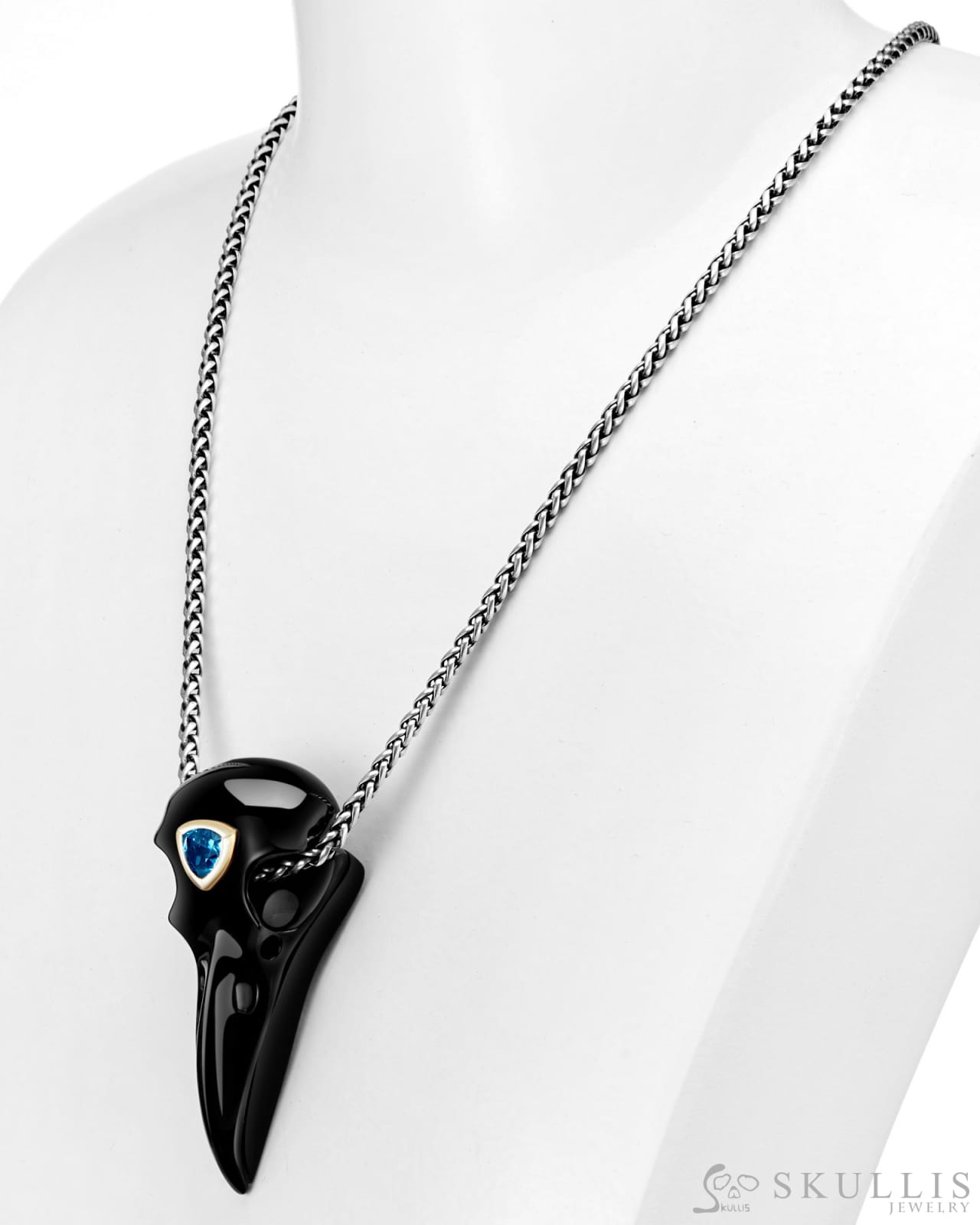 Gem Raven Skull Pendant Necklace of Black Obsidian Crystal Raven with Blue Sky Topaz Eye Skull Pendants