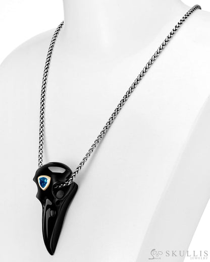 Gem Raven Skull Pendant Necklace of Black Obsidian Crystal Raven with Blue Sky Topaz Eye Skull Pendants