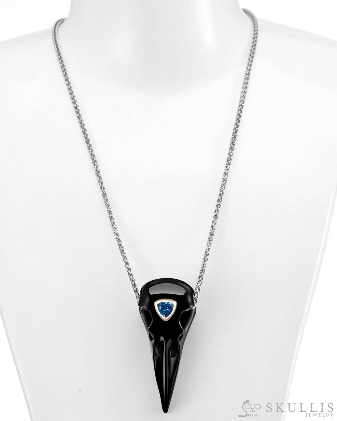 Gem Raven Skull Pendant Necklace of Black Obsidian Crystal Raven with Blue Sky Topaz Eye Skull Pendants