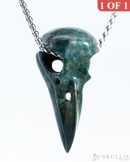 Skullis Signature Bloodstone Gem Skull Pendant Or Necklace Hand Carved Sterling Silver 925 Chain