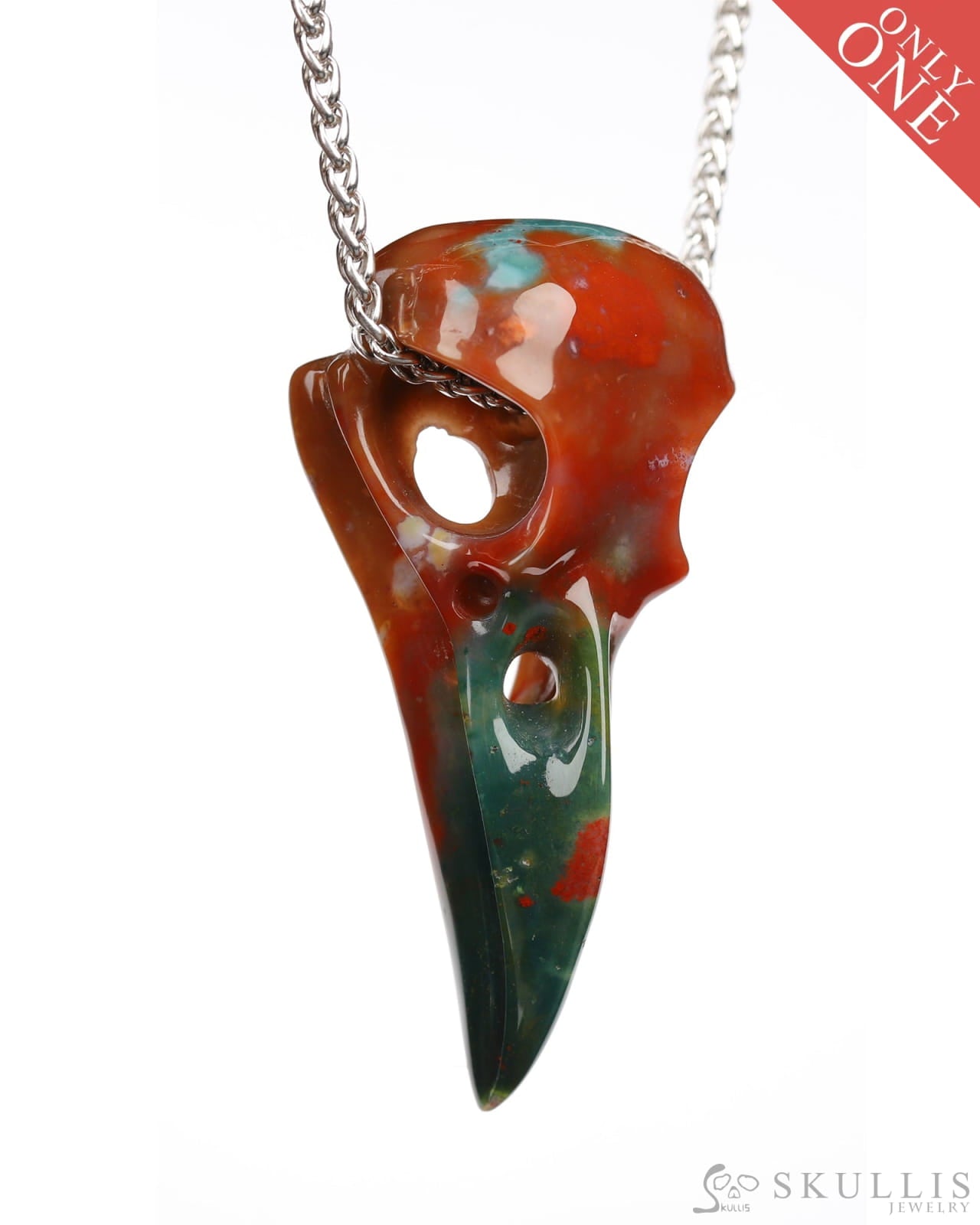Gem Raven Skull Pendant Necklace of Bloodstone Carved Raven Skull - 9800183 Skull Pendants