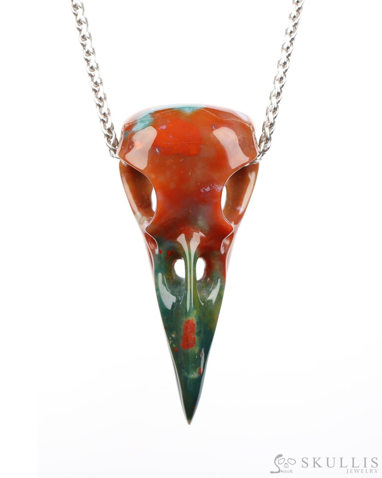 Gem Raven Skull Pendant Necklace of Bloodstone Carved Raven Skull - 9800183 Skull Pendants