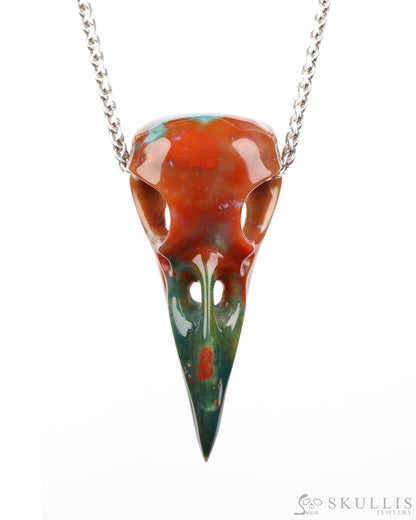 Gem Raven Skull Pendant Necklace of Bloodstone Carved Raven Skull - 9800183 Skull Pendants