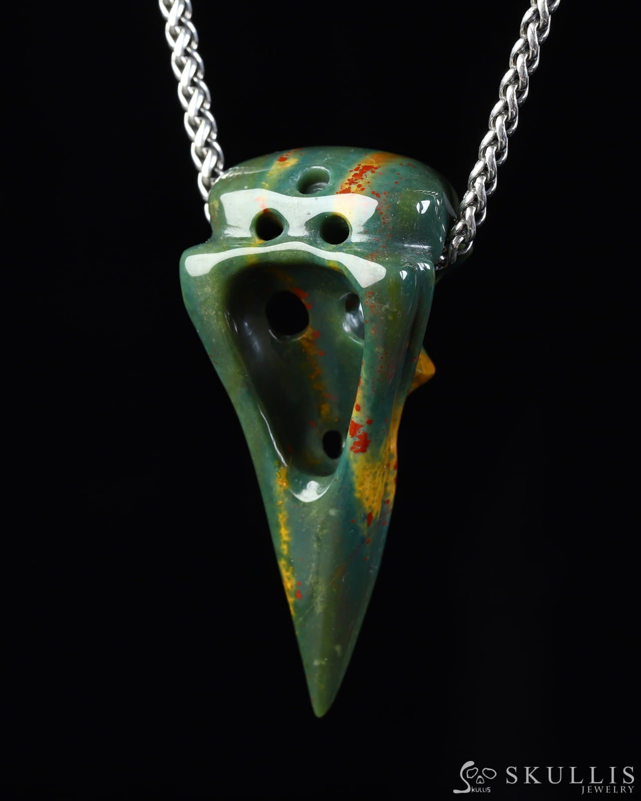 Gem Raven Skull Pendant Necklace of Bloodstone Carved Raven Skull - ZR19800572 Skull Pendants