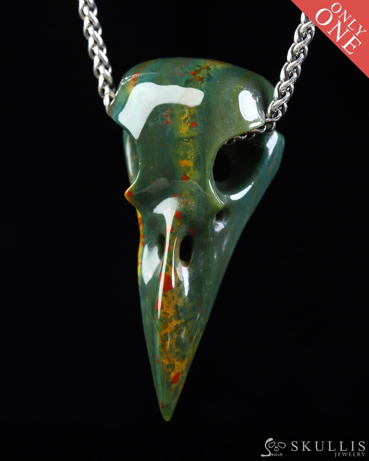 Gem Raven Skull Pendant Necklace of Bloodstone Carved Raven Skull - ZR19800572 Skull Pendants