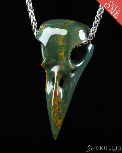 Gem Raven Skull Pendant Necklace of Bloodstone Carved Raven Skull - ZR19800572 Skull Pendants