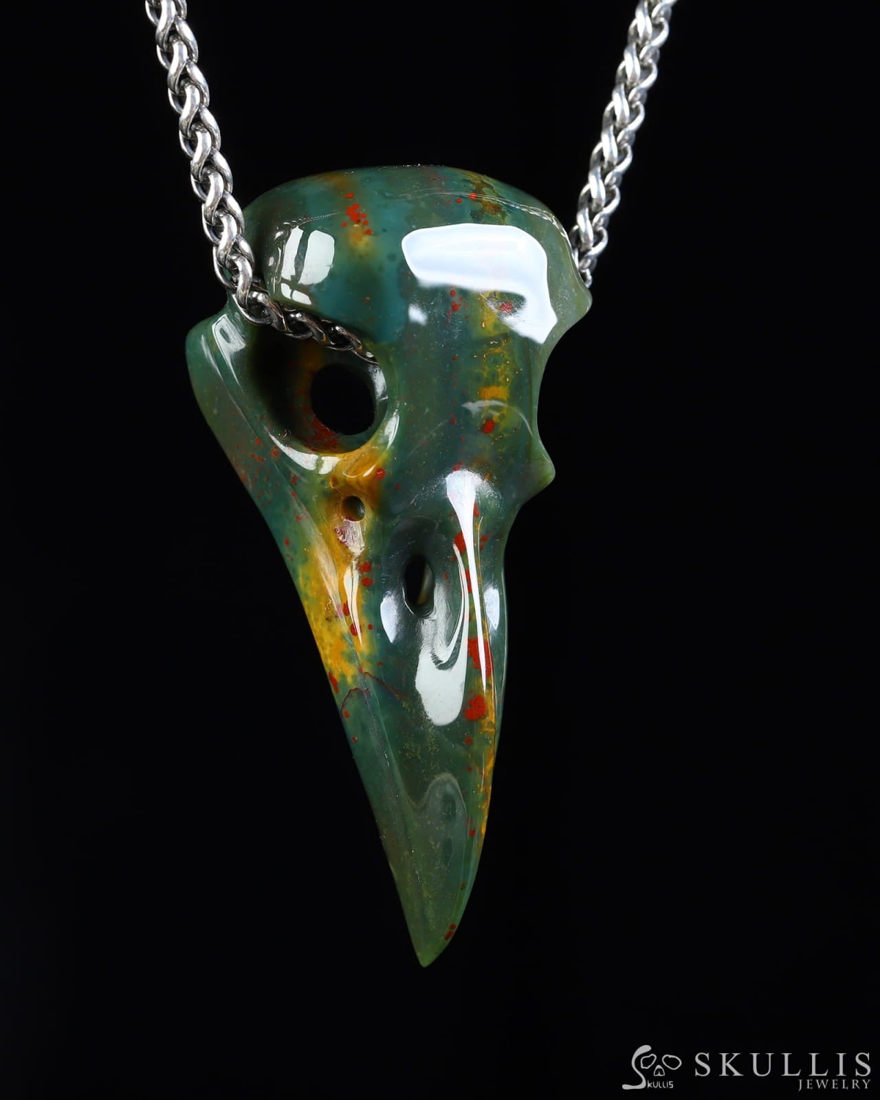 Gem Raven Skull Pendant Necklace of Bloodstone Carved Raven Skull - ZR19800572 Skull Pendants