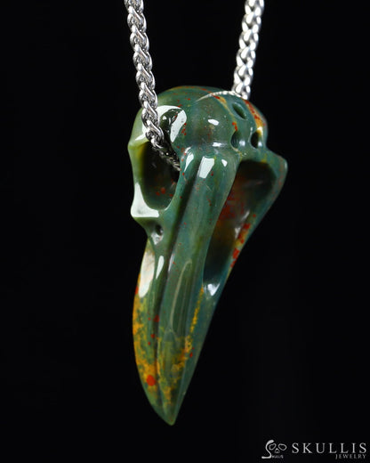 Gem Raven Skull Pendant Necklace of Bloodstone Carved Raven Skull - ZR19800572 Skull Pendants