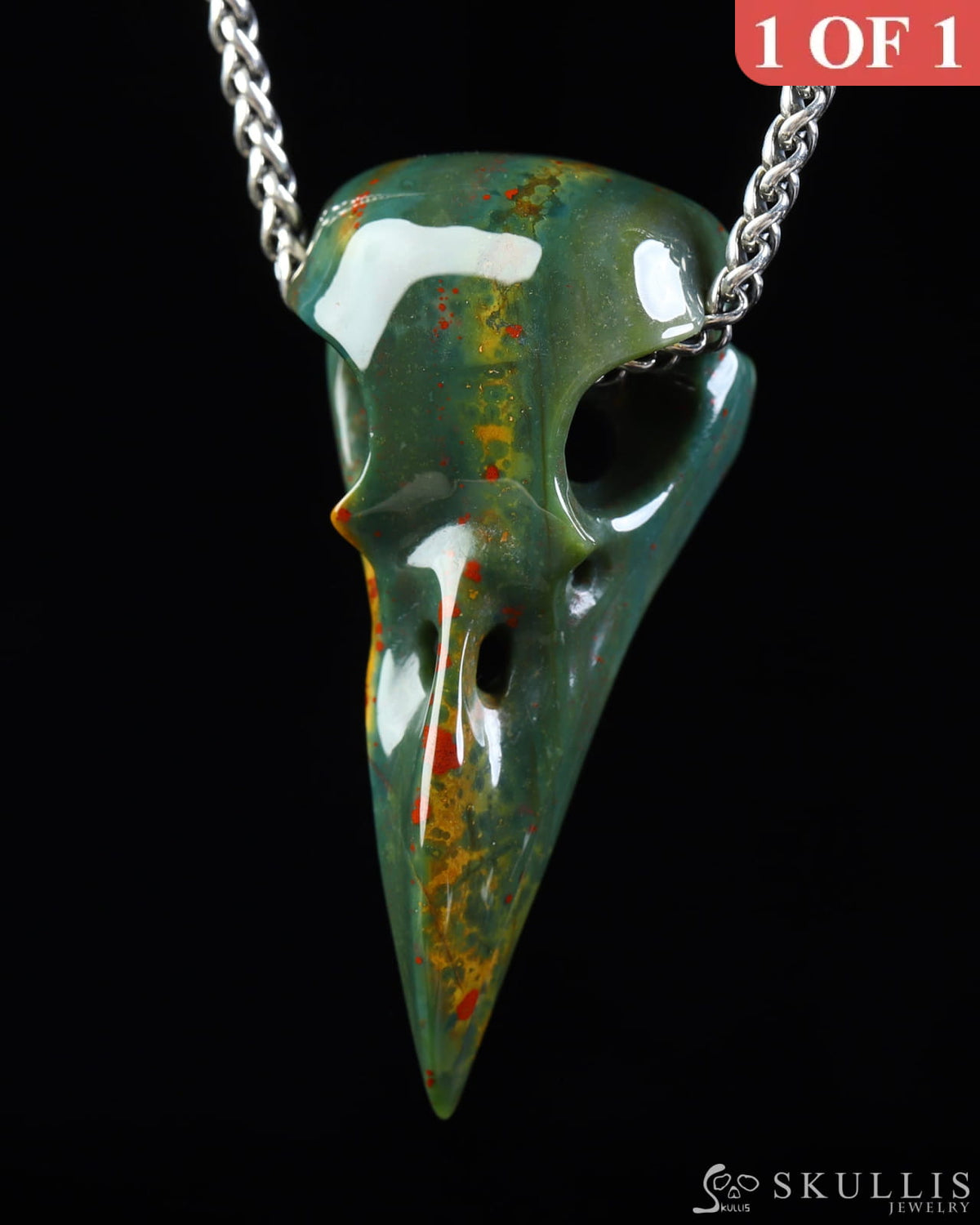 Gem Raven Skull Pendant Necklace of Bloodstone Carved Raven Skull - ZR19800572 Skull Pendants
