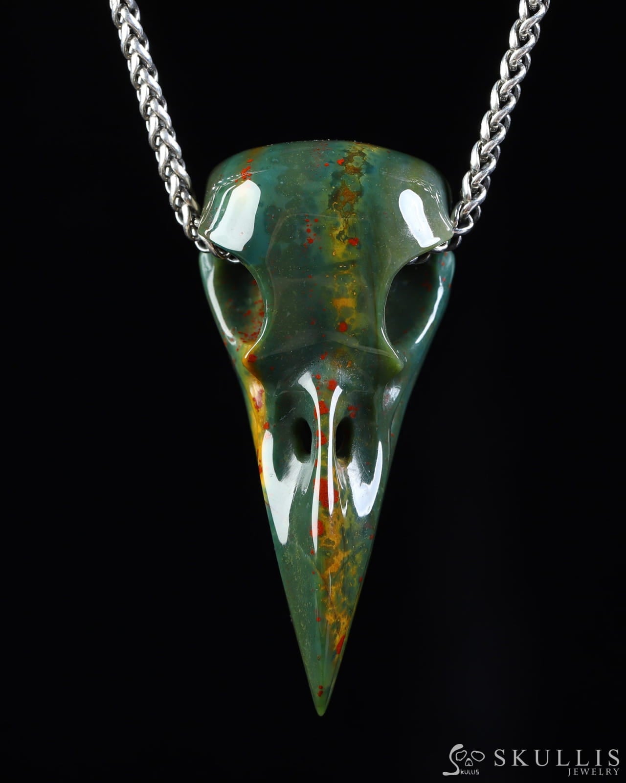 Gem Raven Skull Pendant Necklace of Bloodstone Carved Raven Skull - ZR19800572 Skull Pendants