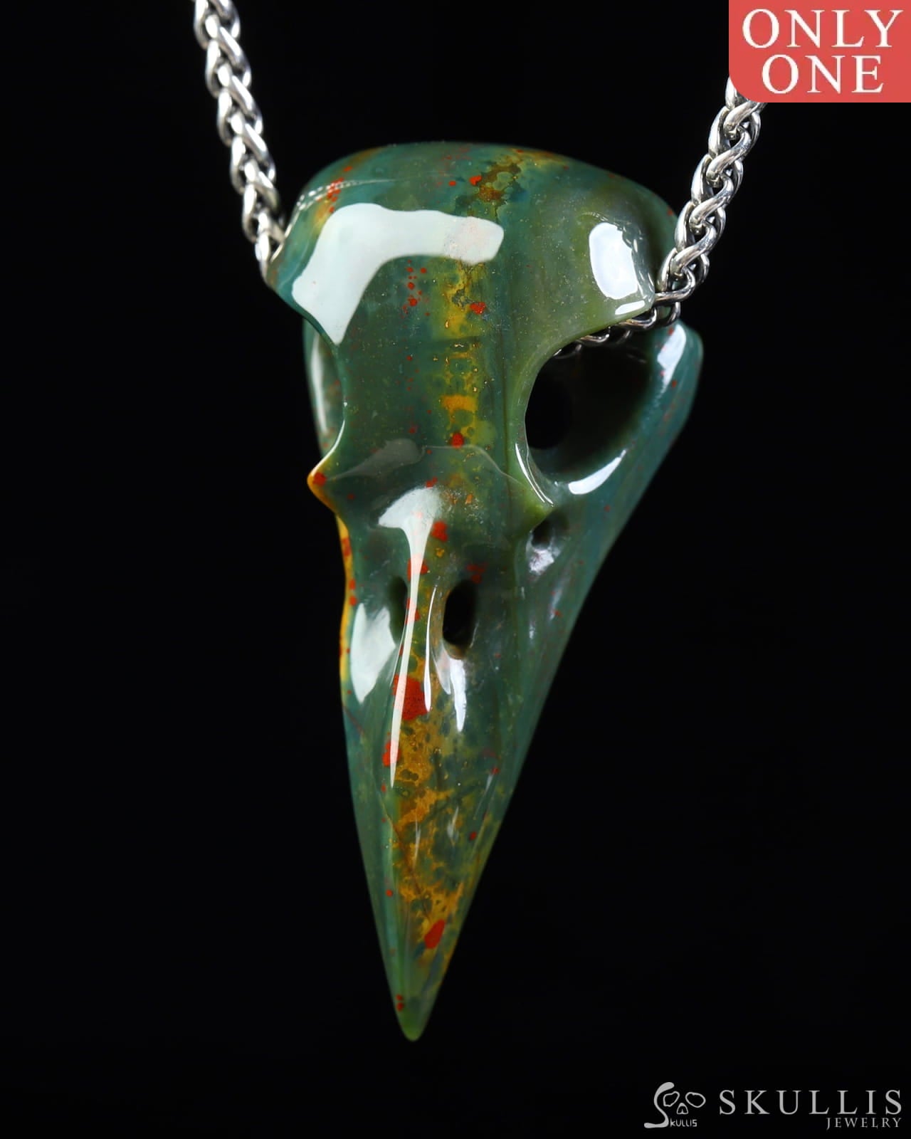 Gem Raven Skull Pendant Necklace of Bloodstone Carved Raven Skull - ZR19800572 Skull Pendants