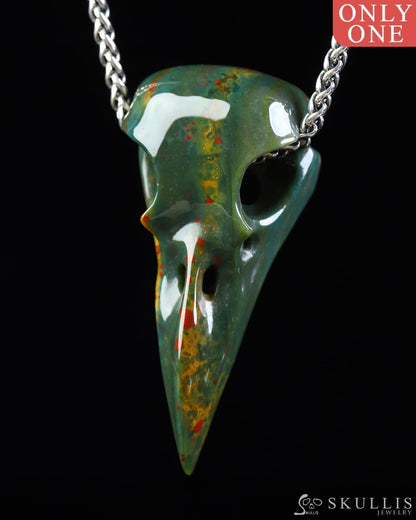 Gem Raven Skull Pendant Necklace of Bloodstone Carved Raven Skull - ZR19800572 Skull Pendants