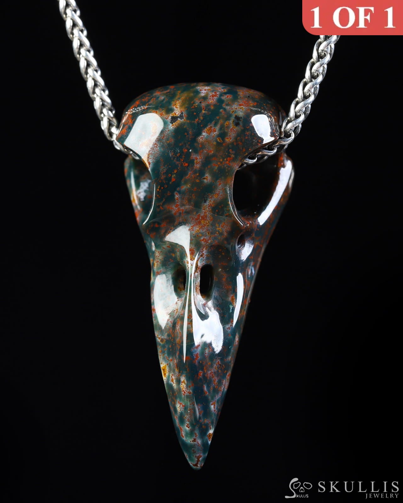 Gem Raven Skull Pendant Necklace of Bloodstone Carved Raven Skull - ZR19800573 Skull Pendants