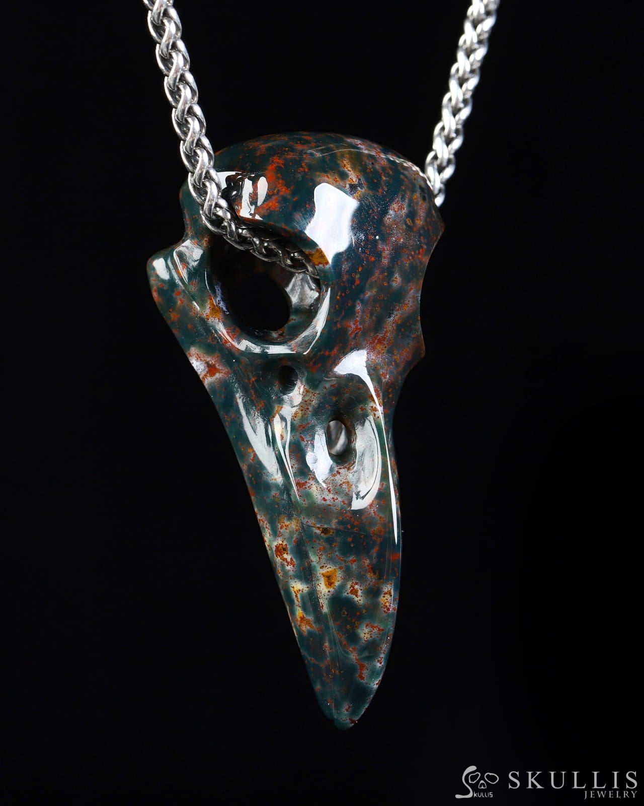Gem Raven Skull Pendant Necklace of Bloodstone Carved Raven Skull - ZR19800573 Skull Pendants