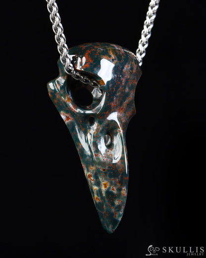 Gem Raven Skull Pendant Necklace of Bloodstone Carved Raven Skull - ZR19800573 Skull Pendants