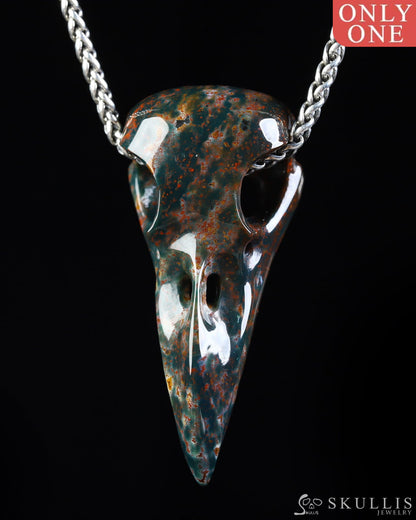Gem Raven Skull Pendant Necklace of Bloodstone Carved Raven Skull - ZR19800573 Skull Pendants