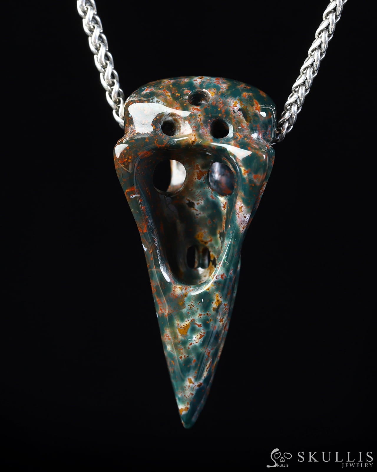 Gem Raven Skull Pendant Necklace of Bloodstone Carved Raven Skull - ZR19800573 Skull Pendants