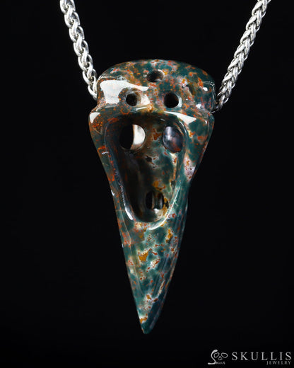 Gem Raven Skull Pendant Necklace of Bloodstone Carved Raven Skull - ZR19800573 Skull Pendants