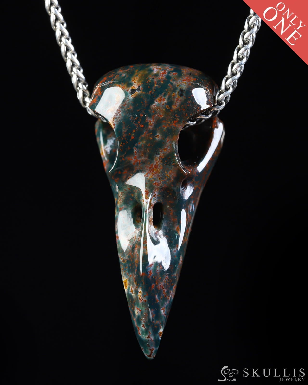 Gem Raven Skull Pendant Necklace of Bloodstone Carved Raven Skull - ZR19800573 Skull Pendants