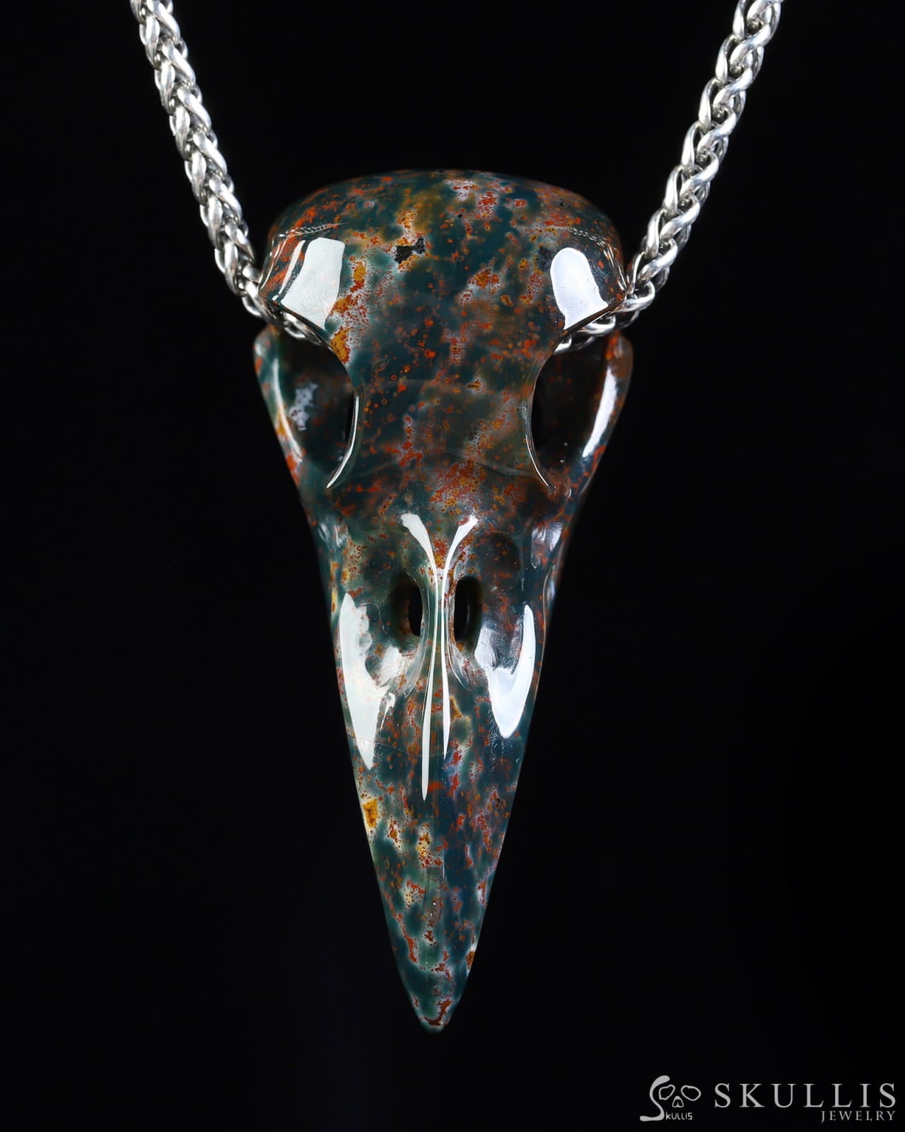 Gem Raven Skull Pendant Necklace of Bloodstone Carved Raven Skull - ZR19800573 Skull Pendants