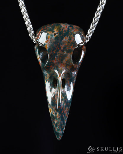 Gem Raven Skull Pendant Necklace of Bloodstone Carved Raven Skull - ZR19800573 Skull Pendants