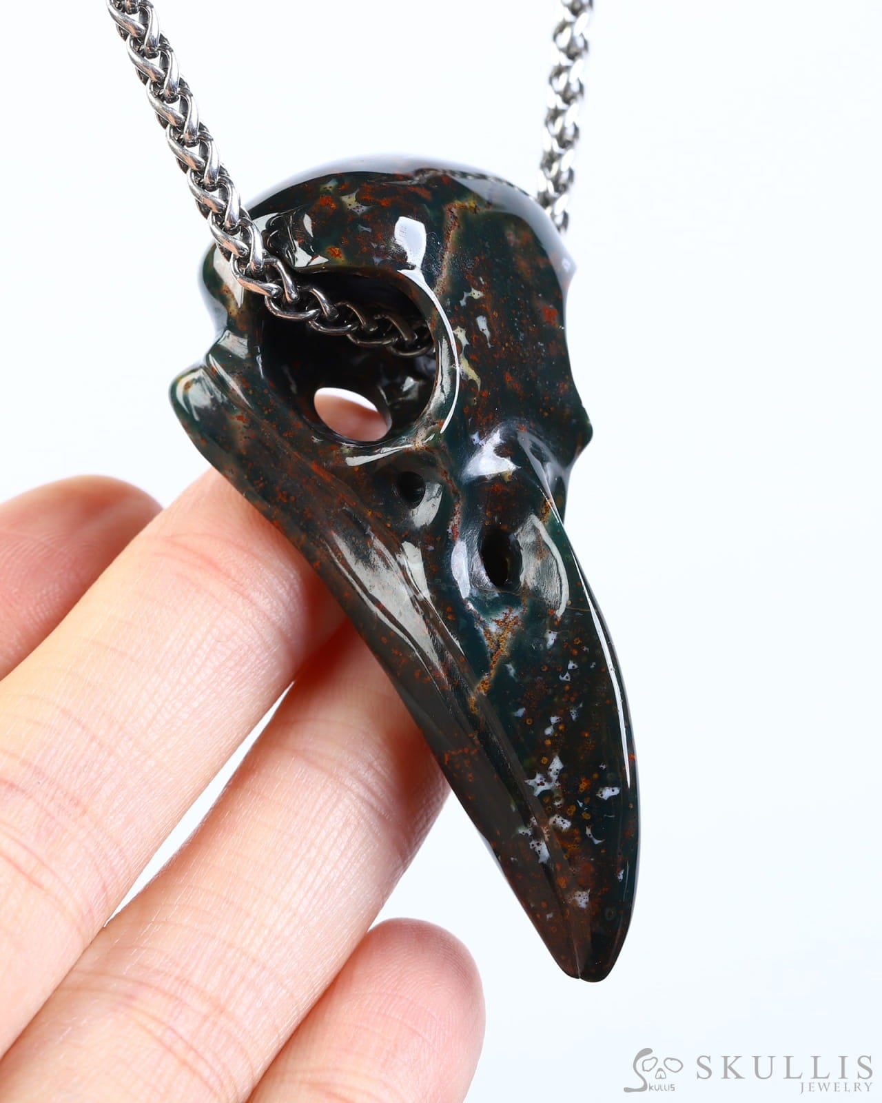 Gem Raven Skull Pendant Necklace of Bloodstone Carved Raven Skull - ZR19800574 Skull Pendants